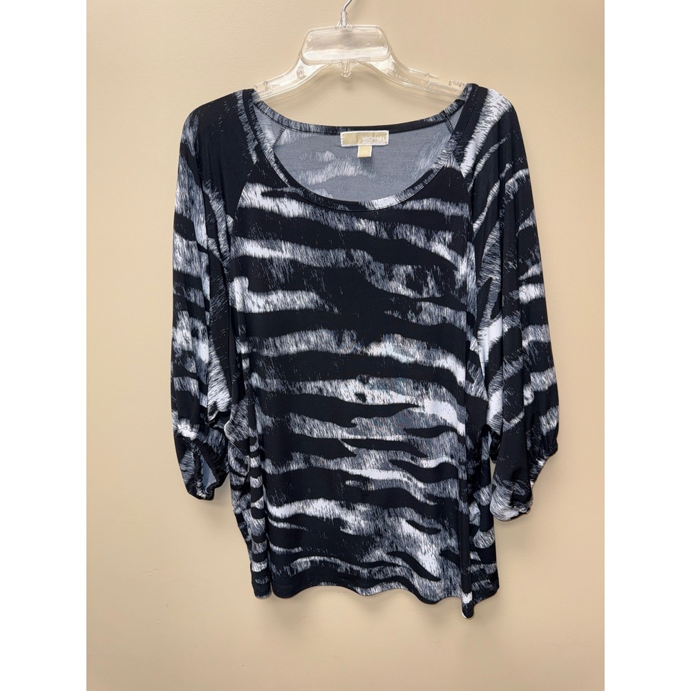 Michael Kors Womens 2X Black White Abstract Tiger Stripe 3/4 Sleeve Blouse Top